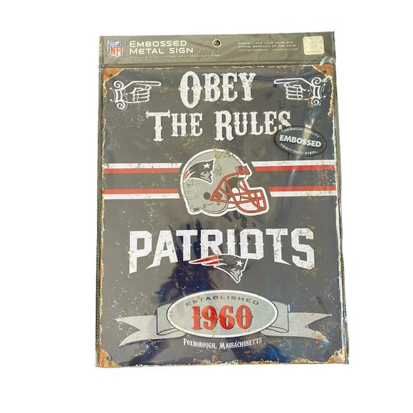 NFL New England Patriots Metal Embossed Distressed Obey The Rules Tin Sign 14.5" - Picture 1 of 6
